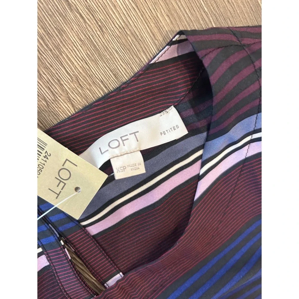 LOFT Petites Striped Long Sleeve Blouse Navy Burgundy‎ XSP 24110594